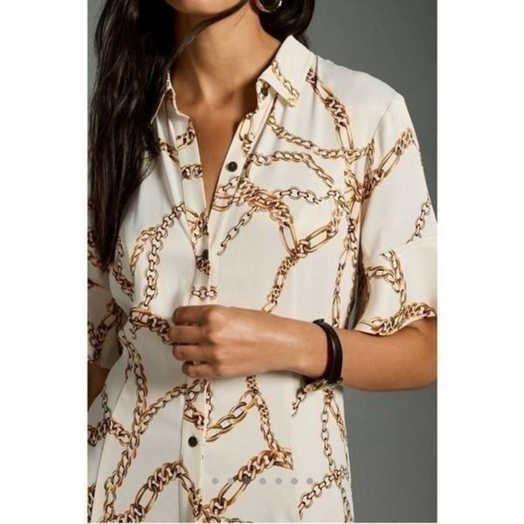 NWT Anthro Maeve Short Sleeve Printed Gold Chain Shirt Maxi Dress‎ - Picture 3 of 12